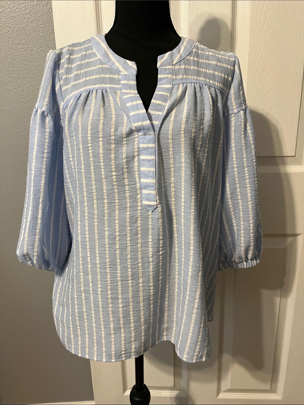 Light Blue Striped Women’s Peasant Blouse - Casual V-Neck